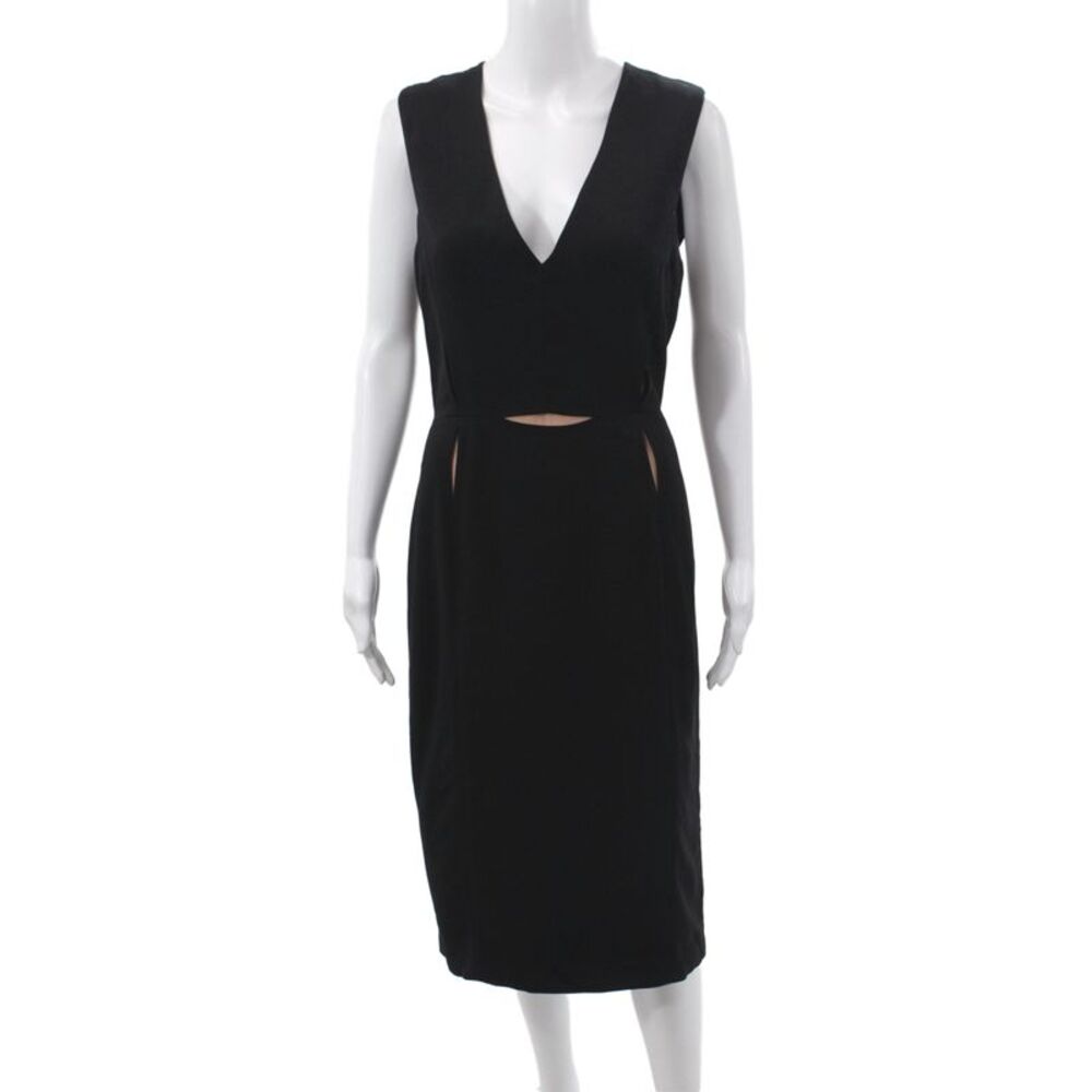 Lanvin Women Sheath Dress Black Silk Midi Sleeveless V-Neck Hook Eye Size M